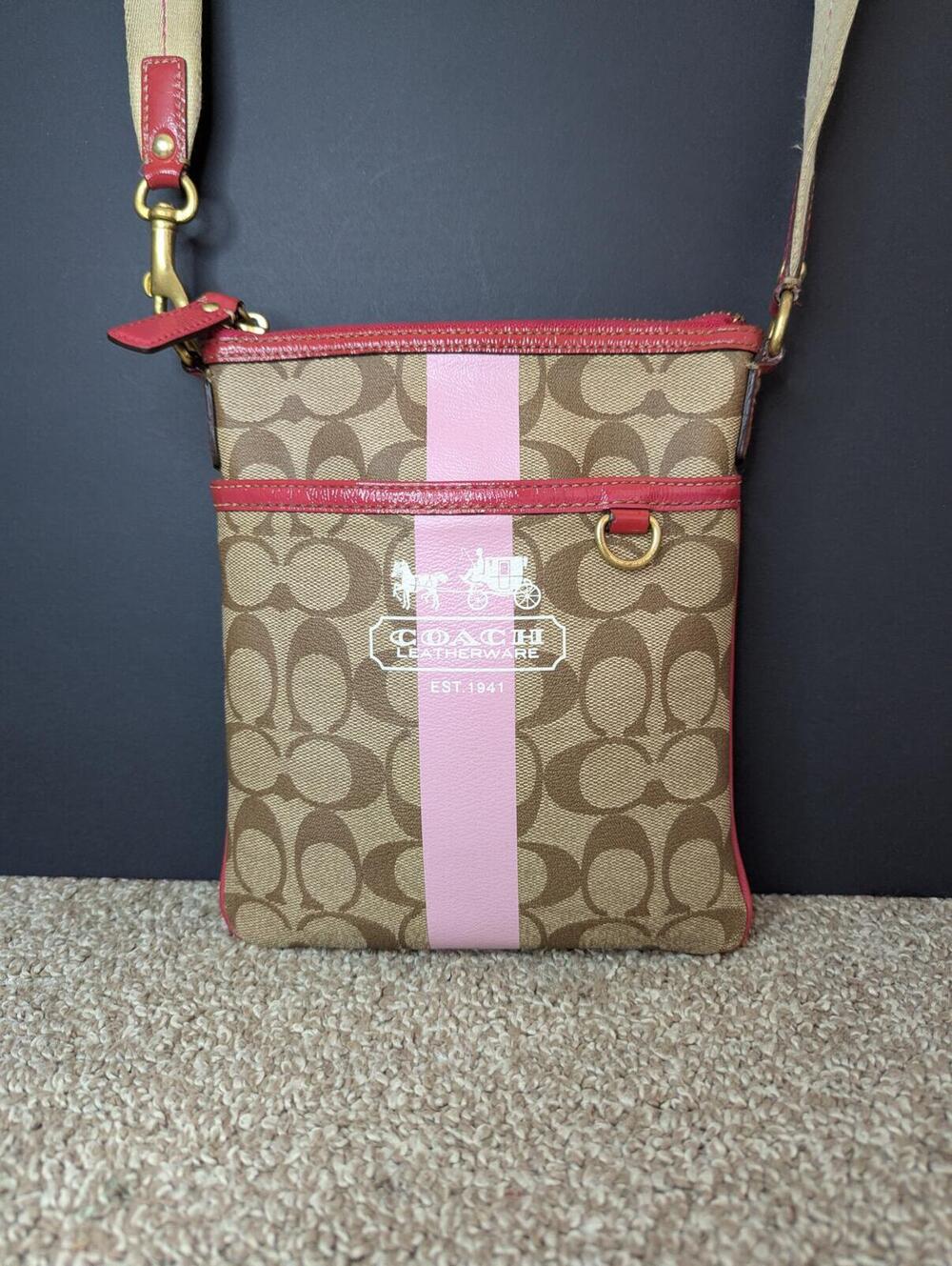 Coach Signature Heritage Stripe Crossbody Messenger Bag Canvas Pink Brown Purse